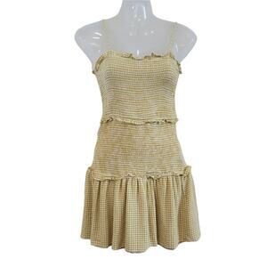 Bohme Yellow Gingham Square Neck Straps Ruffles Shirred Smock Mini Dress Small
